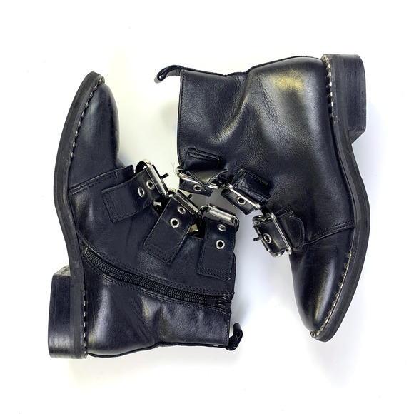 Steve Madden Recharge Leather Boots Womens Sz 6 Black Buckle Moto Studded Bootie - Picture 3 of 16